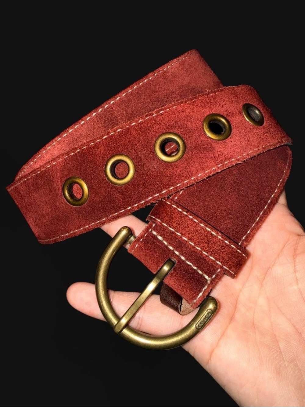 Vintage Coach 3979 Burgundy Suede Grommet Belt Italy Brass Size Large